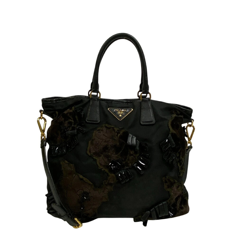 PRADA Beaded Flower Triangle Plate Shoulder Bag Crossbody Black